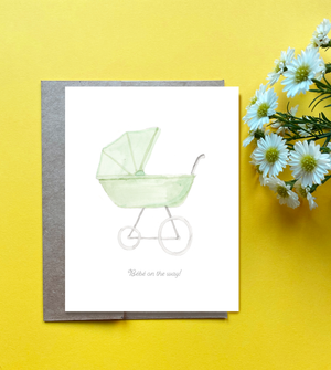 New Baby Card / Pram with Pink Ribbon / Neutral Baby Card